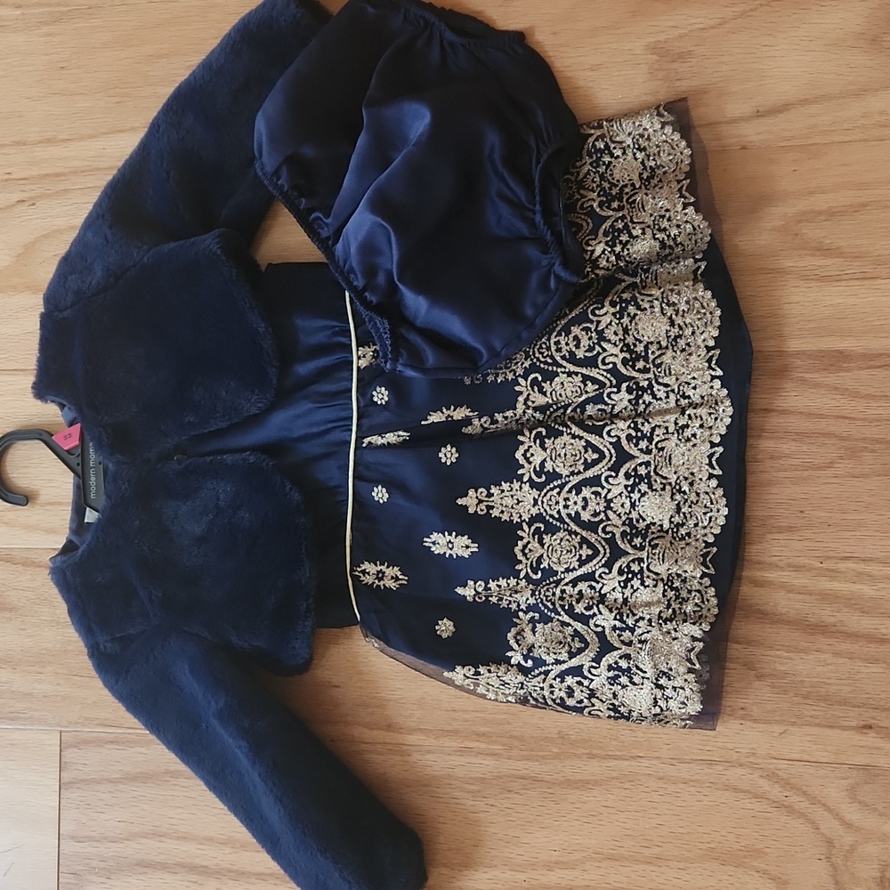 Rare Editions Navy and Gold Dress with Plush Shrug Diaper Cover Panty 24 Months